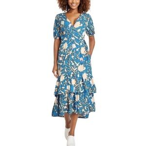 Knox Rose Short Sleeve Pockets Floral Tropical Vacation Cruise Wrap Midi Dress L